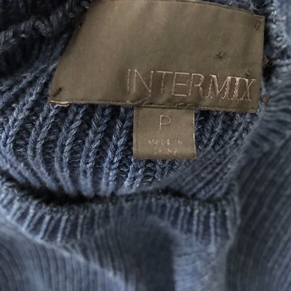 Intermix Blue Stretch Knit Long Sleeve High Neck Ruffle Midi Sweater Dress - S - Picture 9 of 9